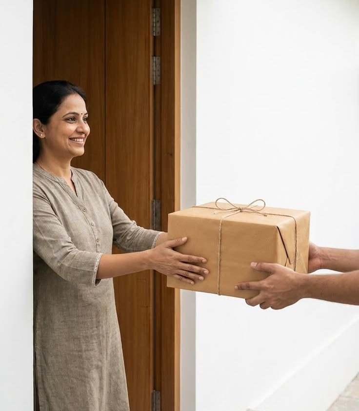 Woman receiving a delivery parcel at her doorstep